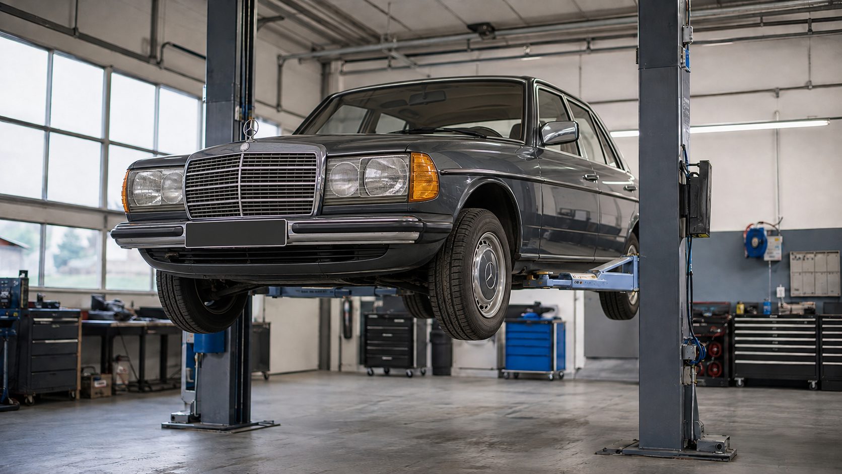 Mercedes-Benz der Baureihe W123 auf der Zwei-Säulen-Hebebühne in unserer Werkstatthalle