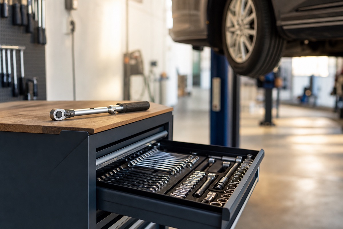 Werkzeugwagen und Arbeitsplatz in der Werkstatt von Bischofberger und Pacher